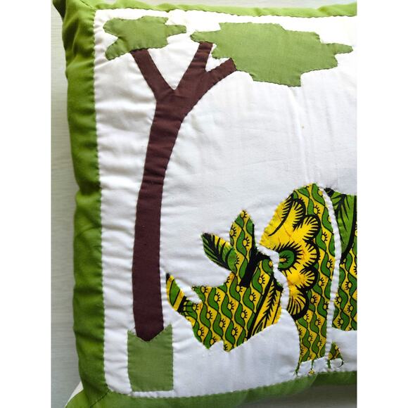 THROW PILLOW-Sasik-Zanzibar-Hand Made-Green Yellow-Rhinoceros-Applique-19"x19" - Picture 3 of 9